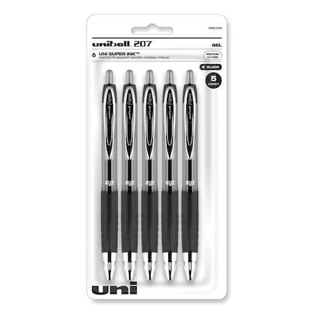 Uniball Signo 207 Gel Pen, Retractable, Medium 0.7 mm, Black Ink, Clear/Black Barrel, PK5 1960239
